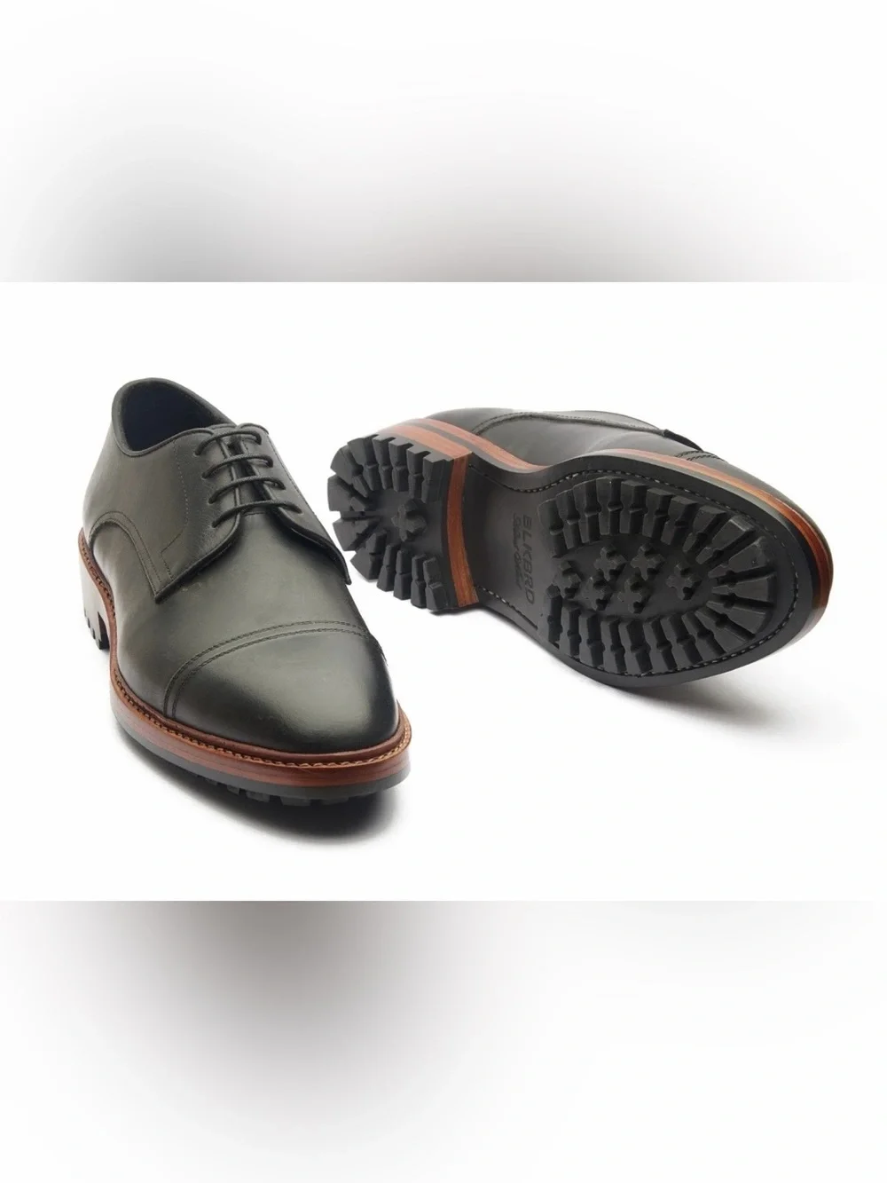 Men's Black Leather Cap-Toe Derby with Brown Welt Size 10 Wide